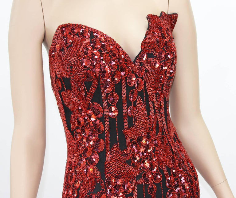 open lace back dress 1980s Bob Mackie Boutique Vintage Red Beaded Dress Silk w Sequins &  Rhinestones