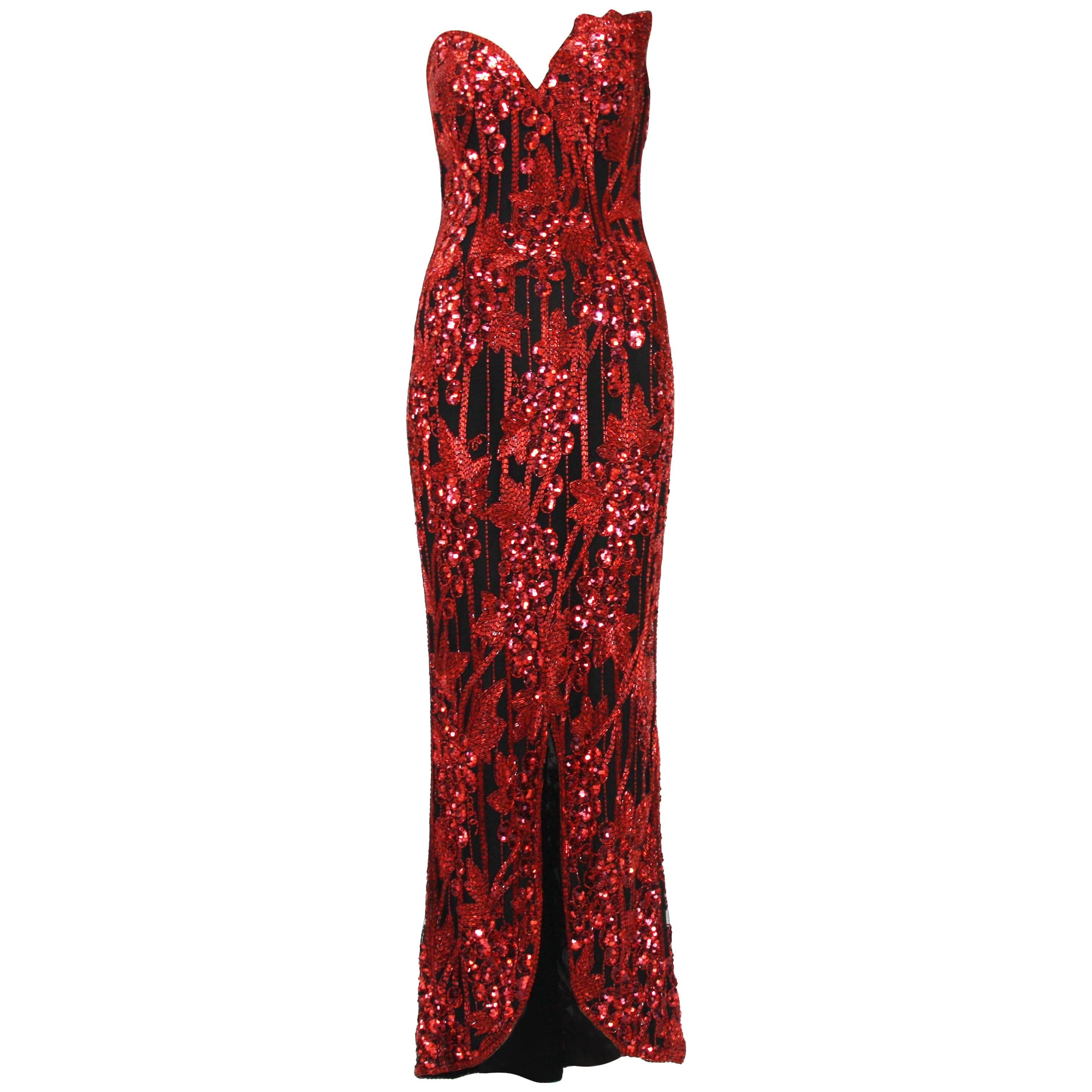 Bob Mackie - Robe de bal inaugurale rouge perlée de raisins, 1993  en vente