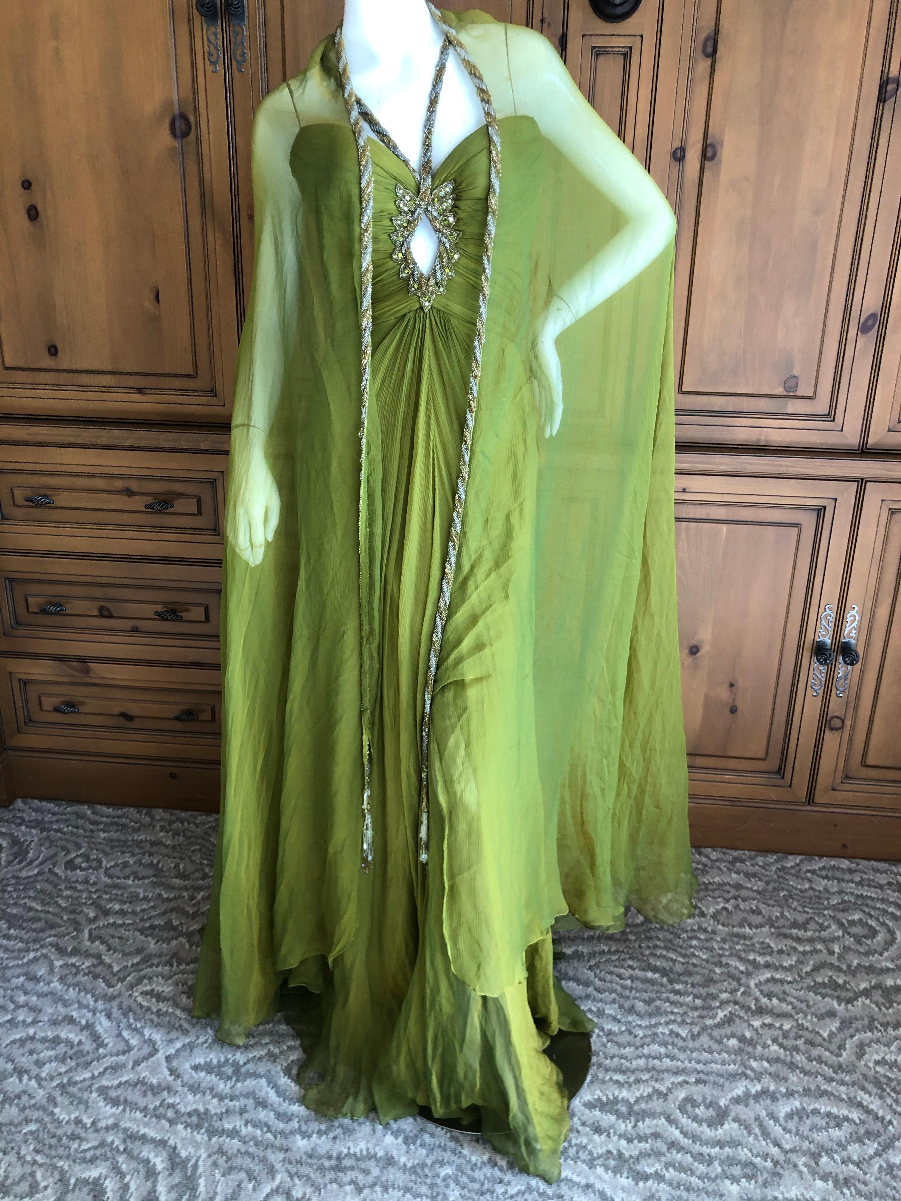 Green Bob Mackie 70's Sheer Silk Chiffon Beaded Keyhole Gown with Matching Cape For Sale