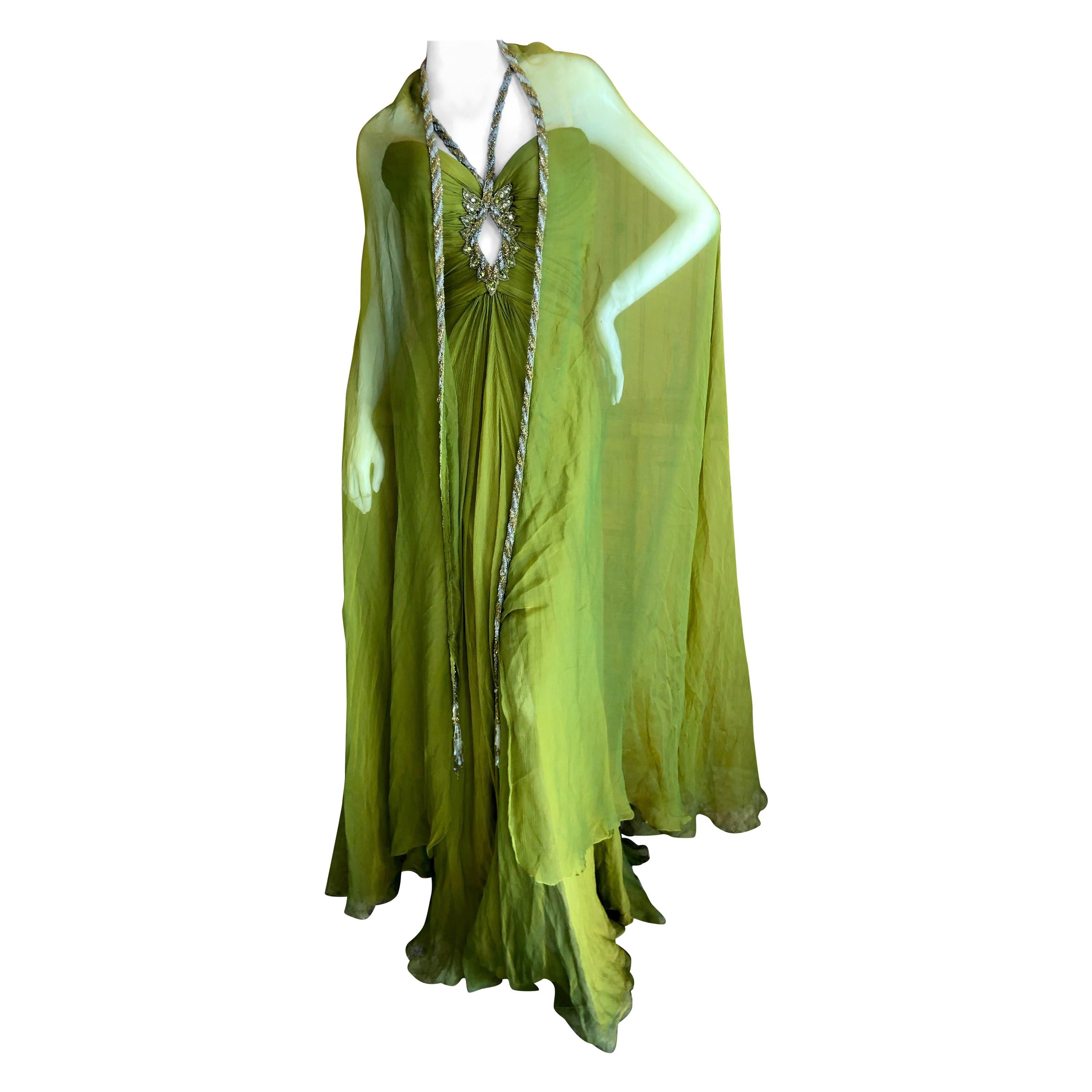 Bob Mackie 70's Sheer Silk Chiffon Beaded Keyhole Gown with Matching Cape For Sale