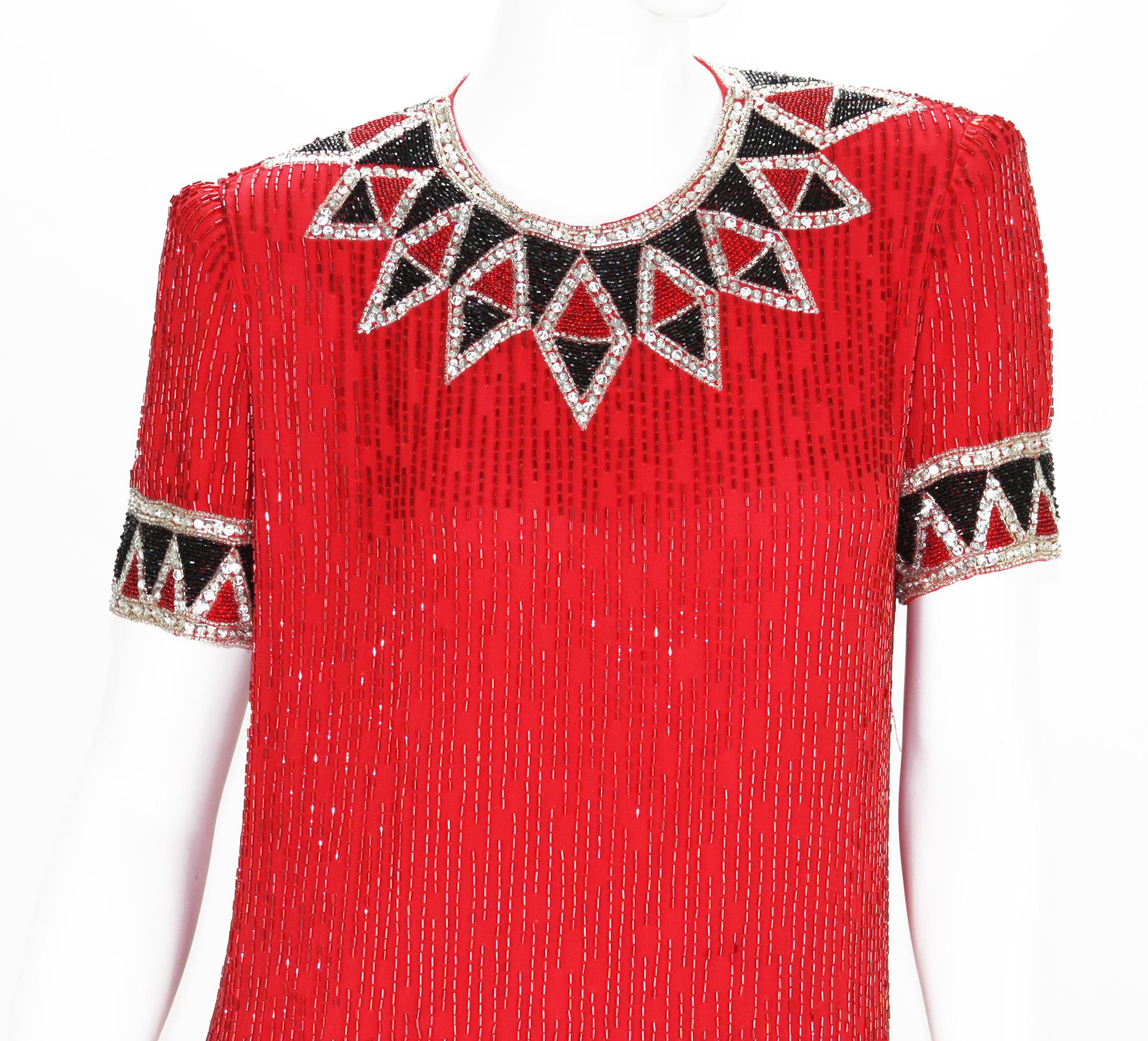 Vintage Bob Mackie 80-s Red Fully Beaded Fringe Cocktail Dress US 4 and 8 In Excellent Condition For Sale In Montgomery, TX