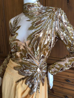 Bob Mackie 80's Sheer Illusion Gold Bugle Bead Sequin Embellished Evening Dress