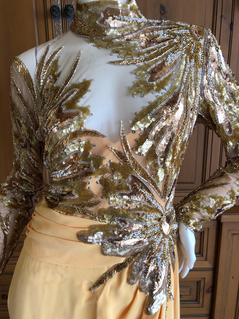 Bob Mackie 80's Sheer Illusion Gold Bugle Bead Sequin Embellished