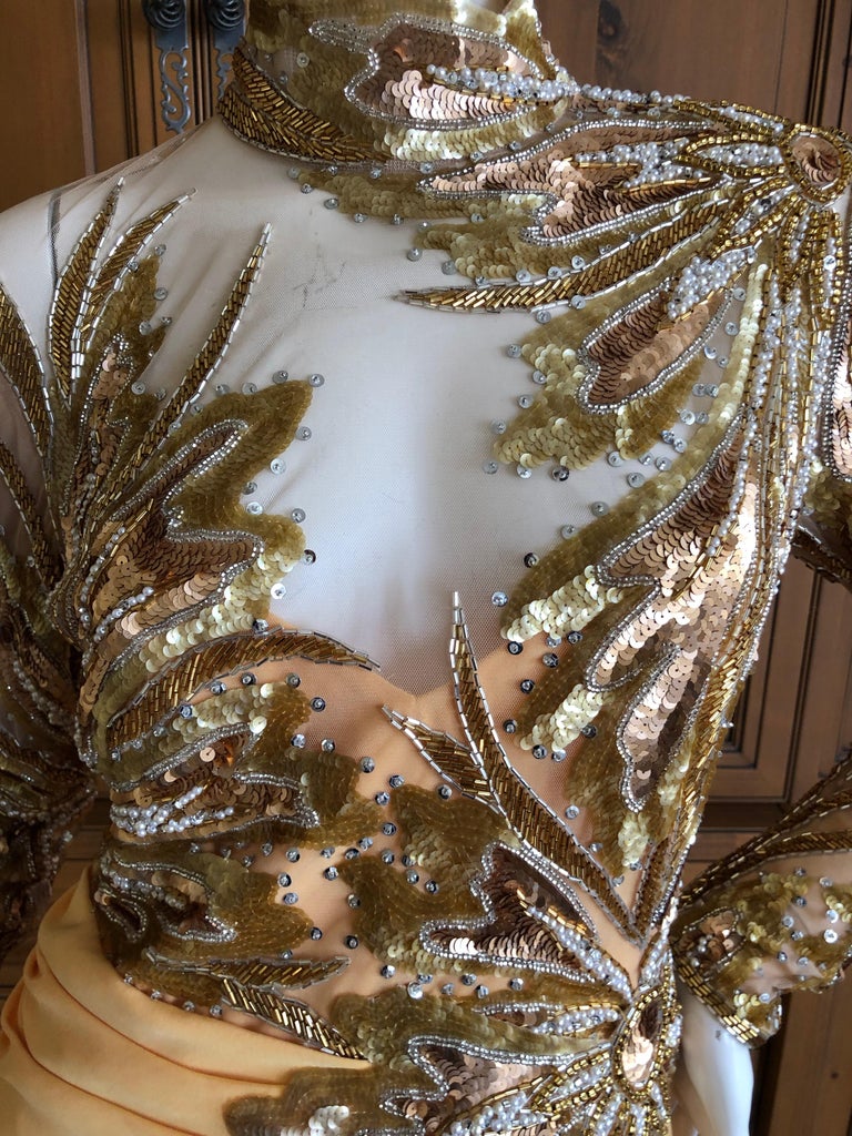 Bob Mackie 80's Sheer Illusion Gold Bugle Bead Sequin Embellished Evening Dress For Sale at 1stDibs | bugle beads dress, bugle bead dress, bob mackie beaded dress Bob Mackie 80's Sheer Illusion Gold Bugle Bead Sequin Embellished Evening Dress For Sale at 1stDibs | bugle beads dress, bugle bead dress, bob mackie beaded dress