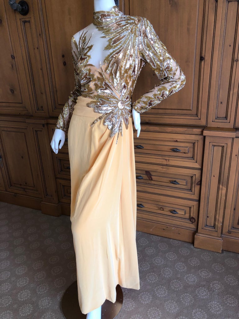 Bob Mackie 80's Sheer Illusion Gold Bugle Bead Sequin Embellished
