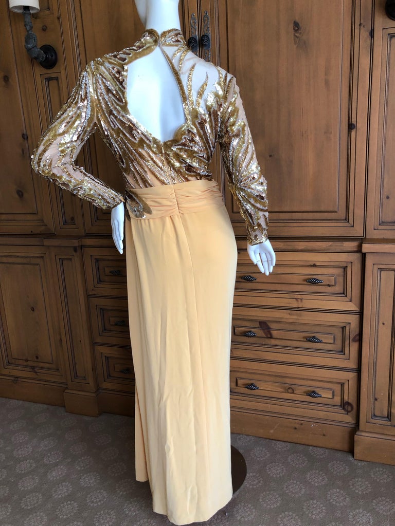 Bob Mackie 80's Sheer Illusion Gold Bugle Bead Sequin Embellished