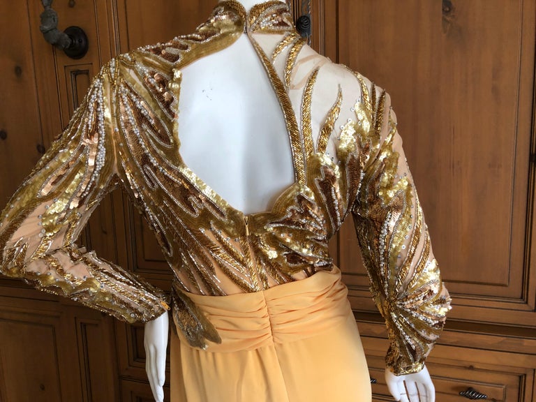 Bob Mackie 80s Sheer Illusion Gold Bugle Bead Sequin Embellished Evening Dress At 1stdibs 