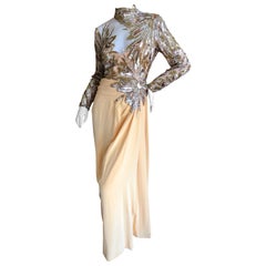Bob Mackie 80's Sheer Illusion Gold Bugle Bead Sequin Embellished Evening Dress