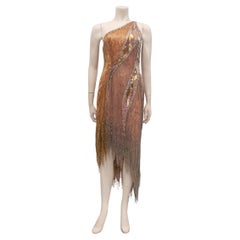 BOB MACKIE Robe asymétrique en perles de verre et paillettes avec frange perlée