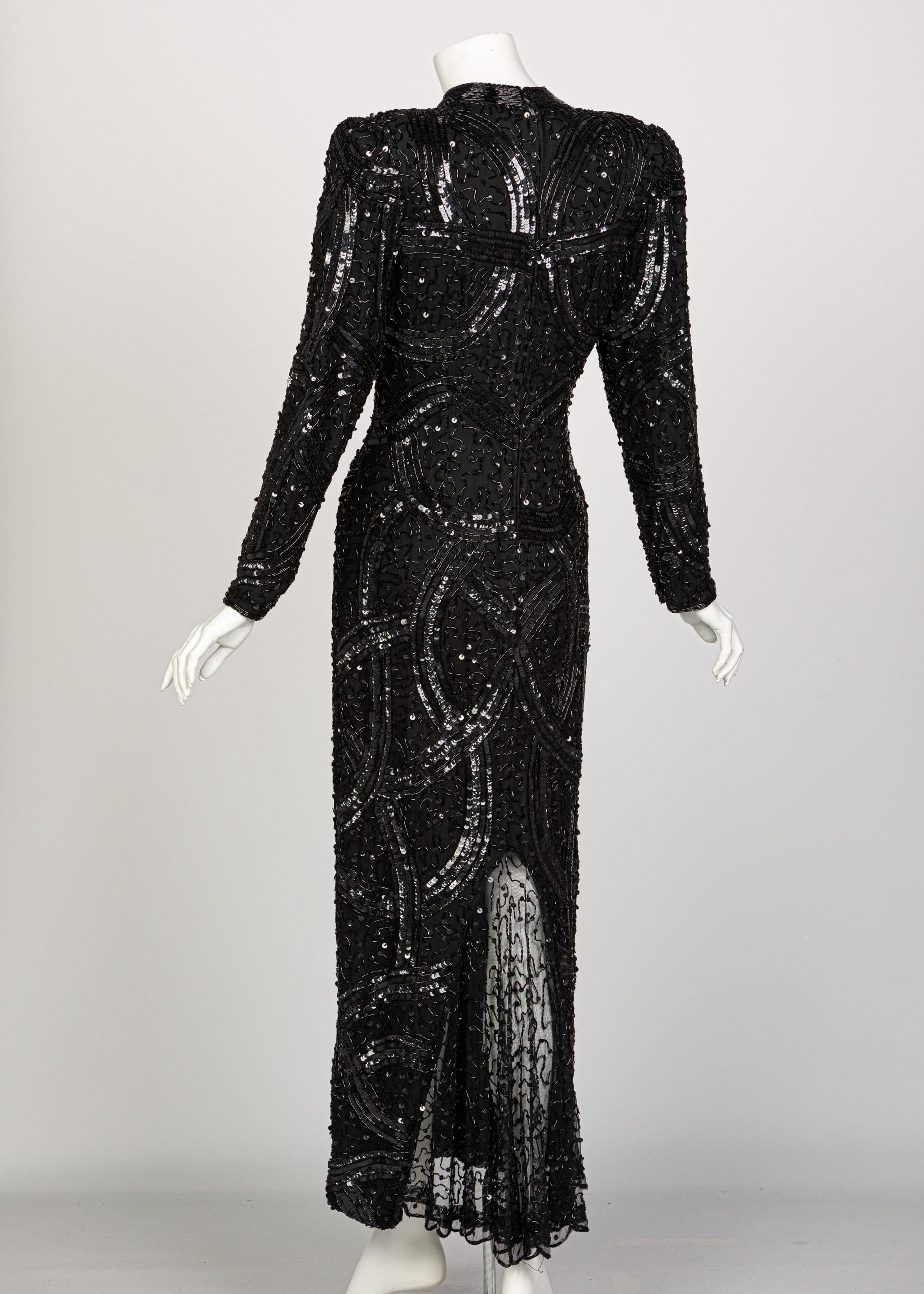 Bob Mackie zugeschriebenes schwarzes Perlen-Pailletten-Kleid, 1980er Jahre (Schwarz) im Angebot