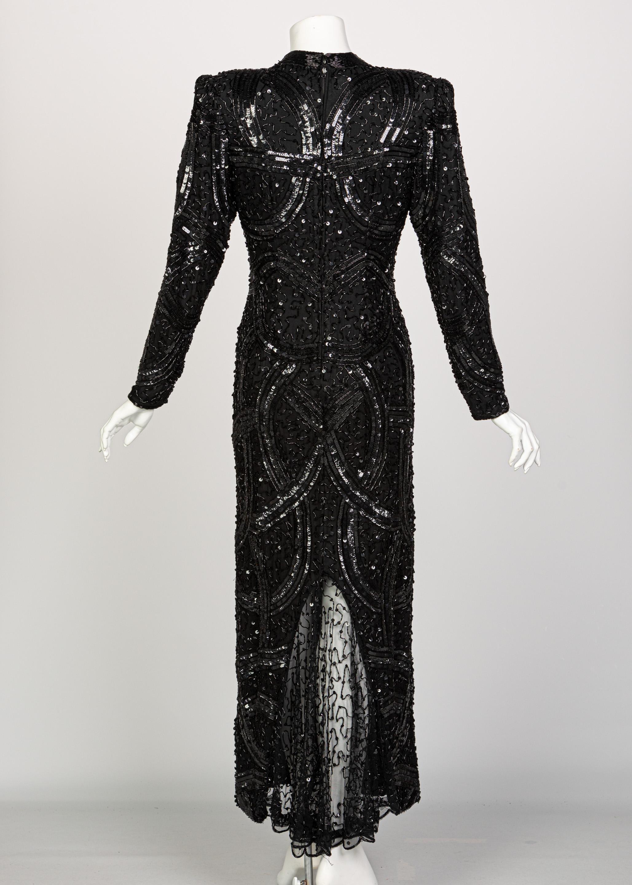 Bob Mackie zugeschriebenes schwarzes Perlen-Pailletten-Kleid, 1980er Jahre im Zustand „Hervorragend“ im Angebot in Boca Raton, FL