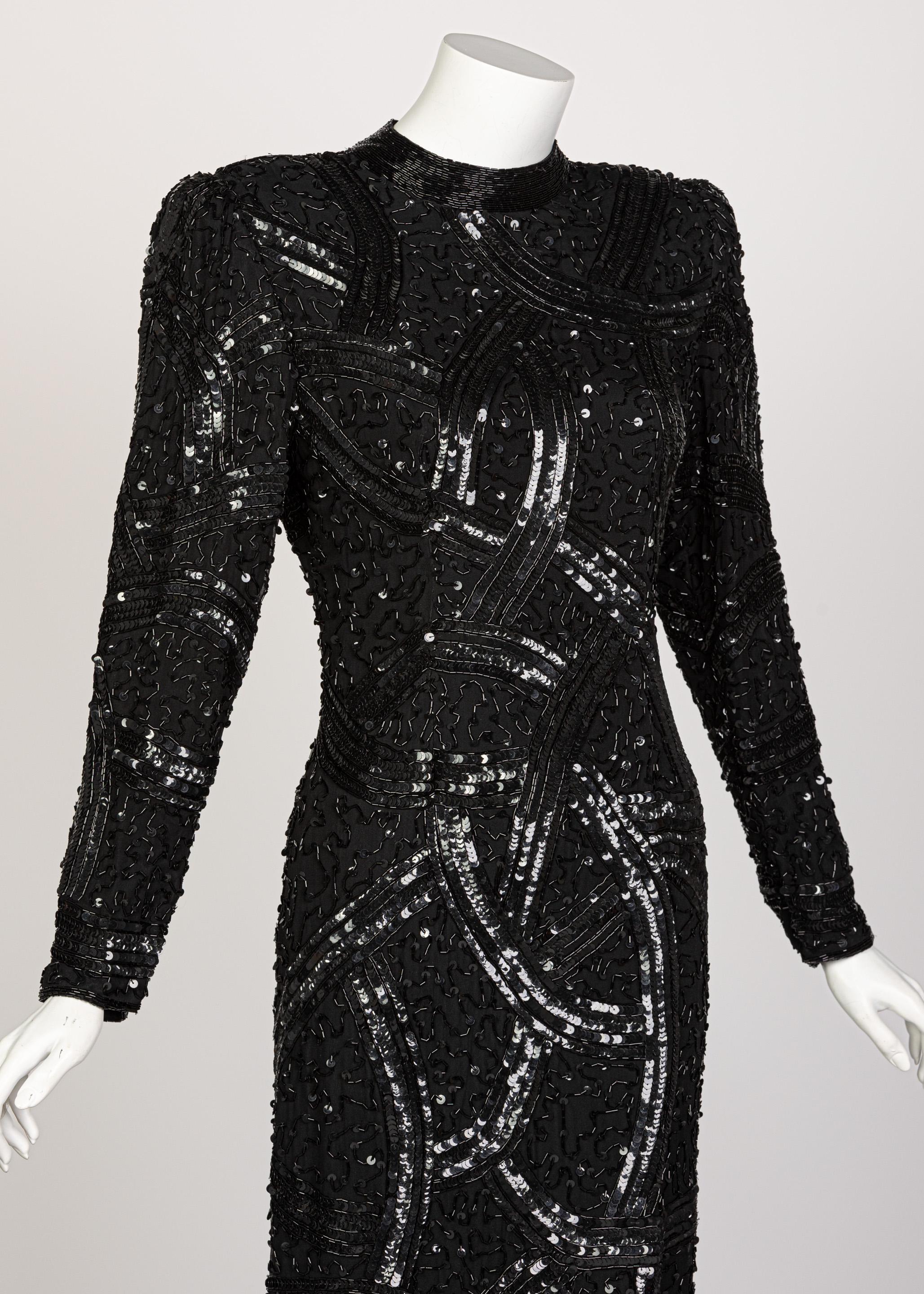 Bob Mackie Attributed Black Beaded Sequins Dress, 1980s In Excellent Condition For Sale In Boca Raton, FL