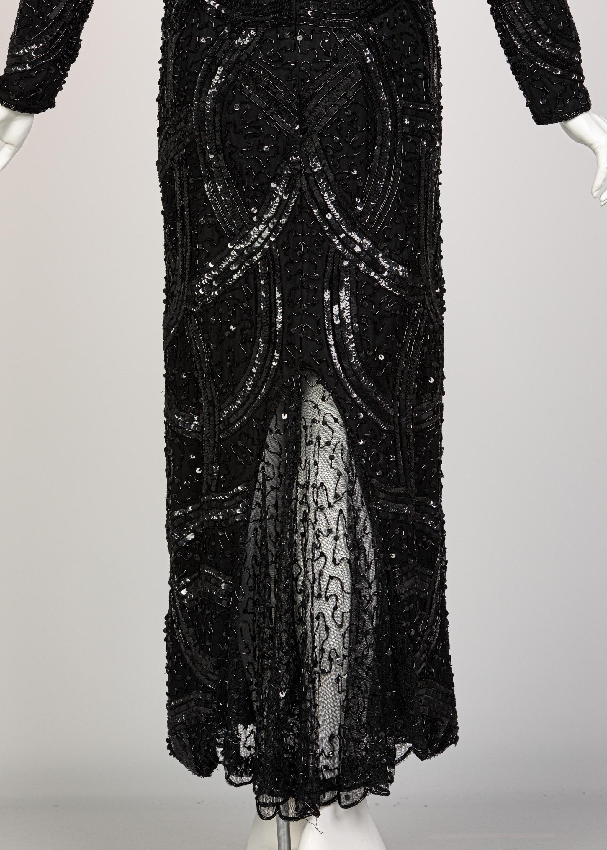 Bob Mackie zugeschriebenes schwarzes Perlen-Pailletten-Kleid, 1980er Jahre im Angebot 1