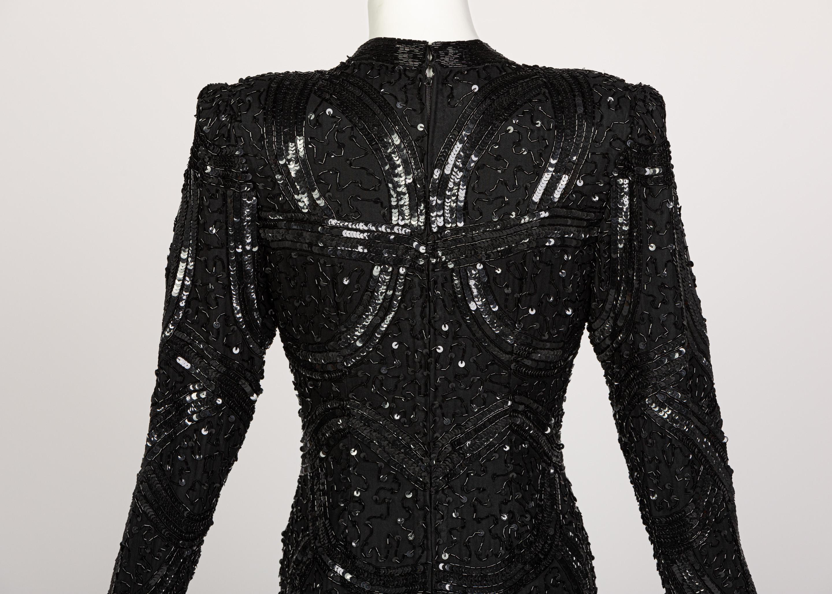 Bob Mackie zugeschriebenes schwarzes Perlen-Pailletten-Kleid, 1980er Jahre im Angebot 2