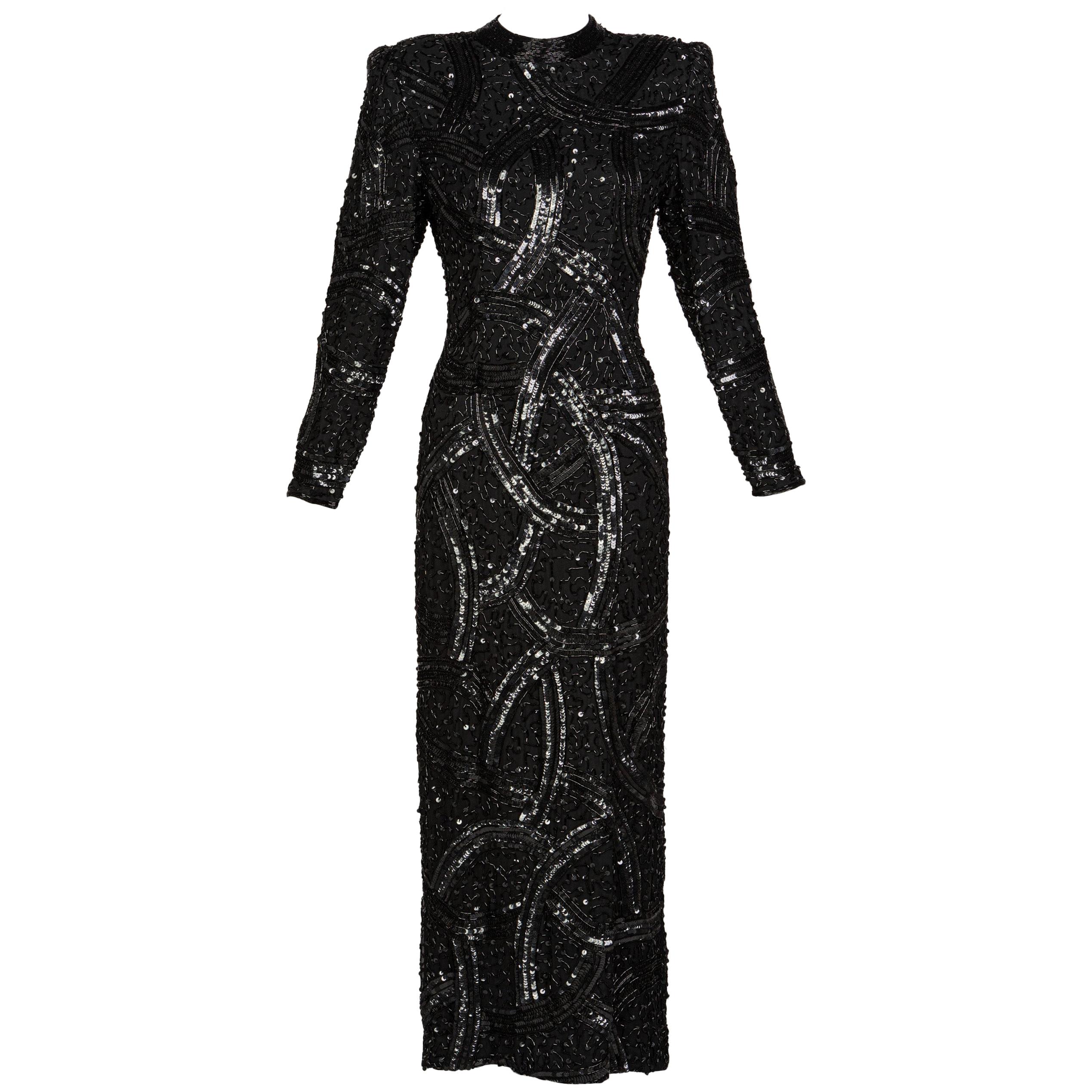 Bob Mackie zugeschriebenes schwarzes Perlen-Pailletten-Kleid, 1980er Jahre im Angebot