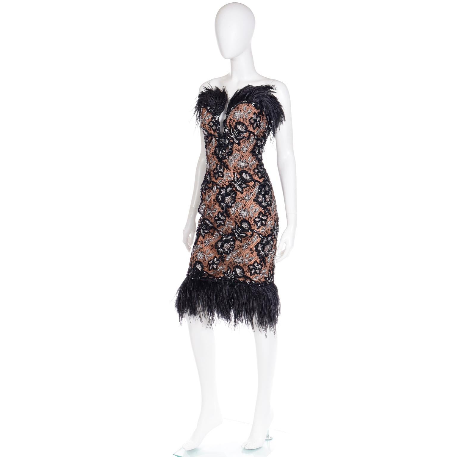 Black Bob Mackie Sequin Metallic Feather Strapless Evening Dress with Low V
