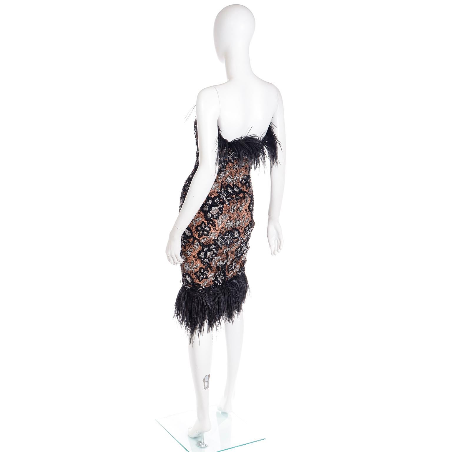 Bob Mackie Sequin Metallic Feather Strapless Evening Dress with Low V In Excellent Condition In Portland, OR