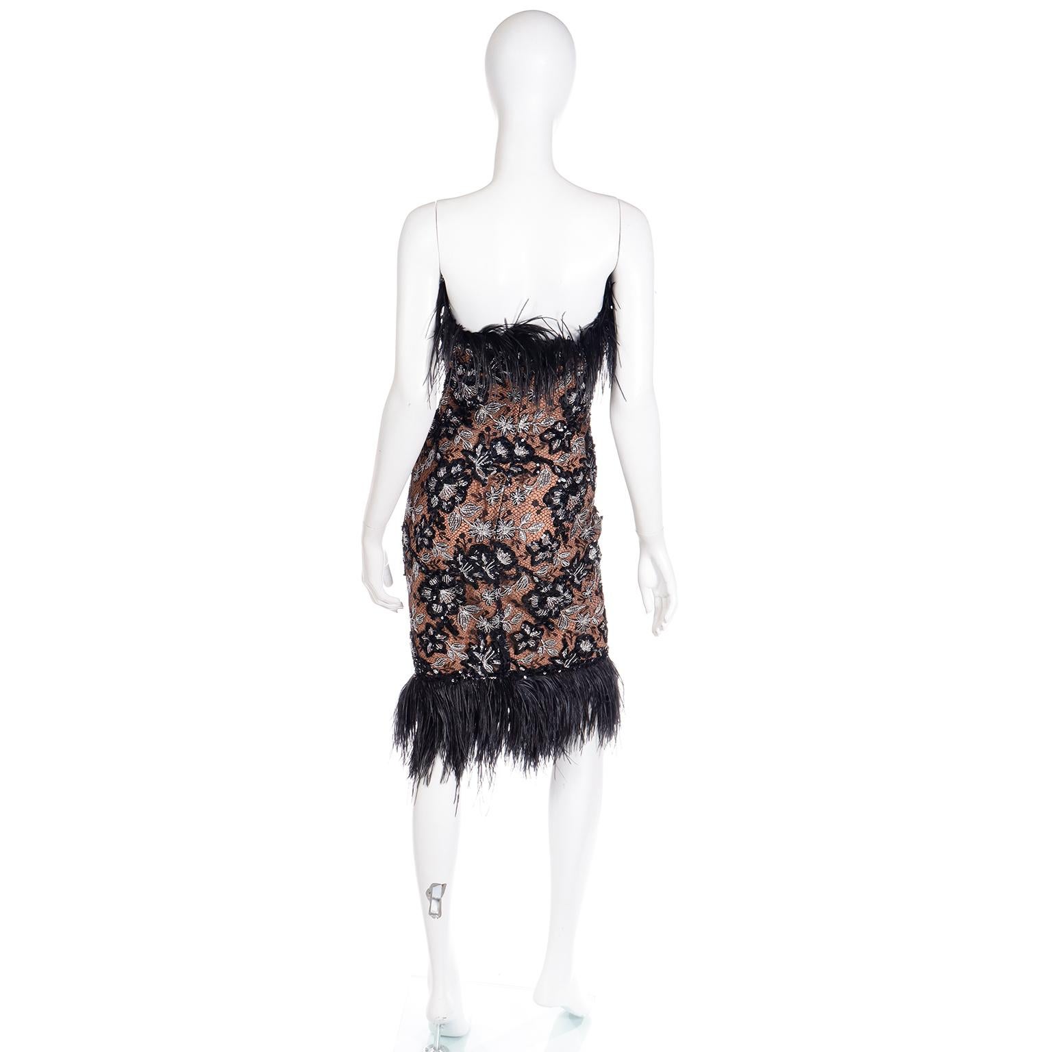 Women's Bob Mackie Sequin Metallic Feather Strapless Evening Dress with Low V
