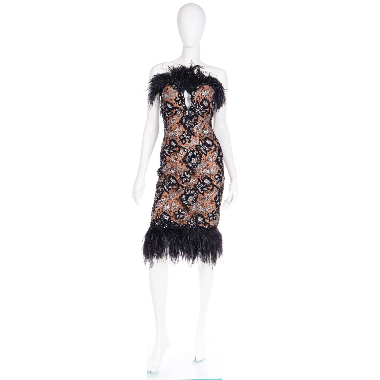 Bob Mackie Sequin Metallic Feather Strapless Evening Dress with Low V 3