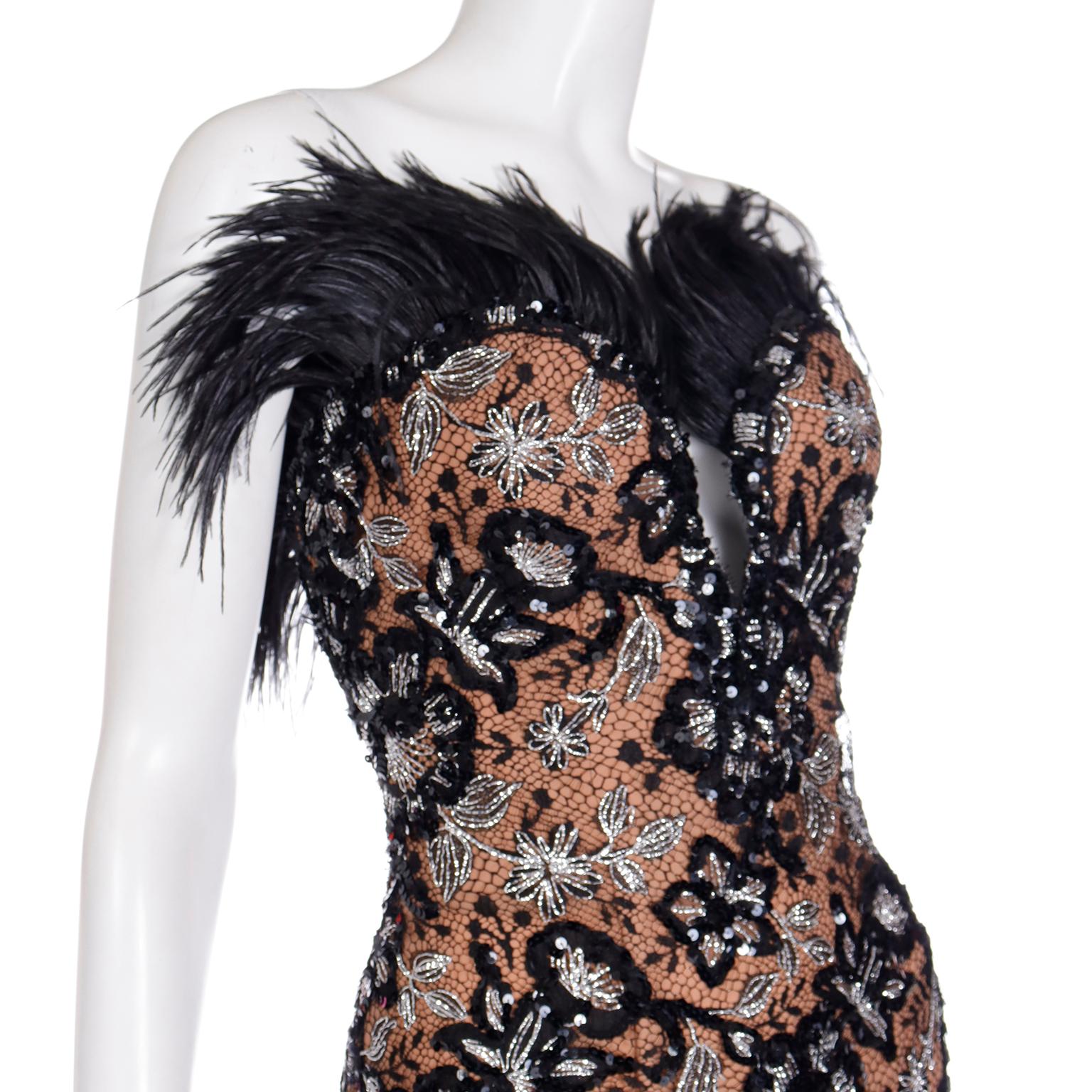 Bob Mackie Sequin Metallic Feather Strapless Evening Dress with Low V 4