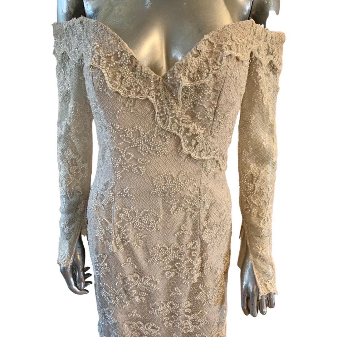 Bob Mackie Beaded Off Shoulder Lace Evening Dress Size 6 For Sale 6