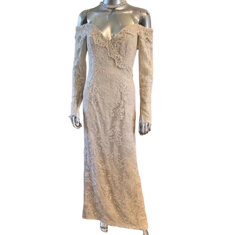 Bob Mackie Beaded Off Shoulder Lace Evening Dress Size 6 at 1stDibs | bob  mackie wedding dress, carol burnett measurements