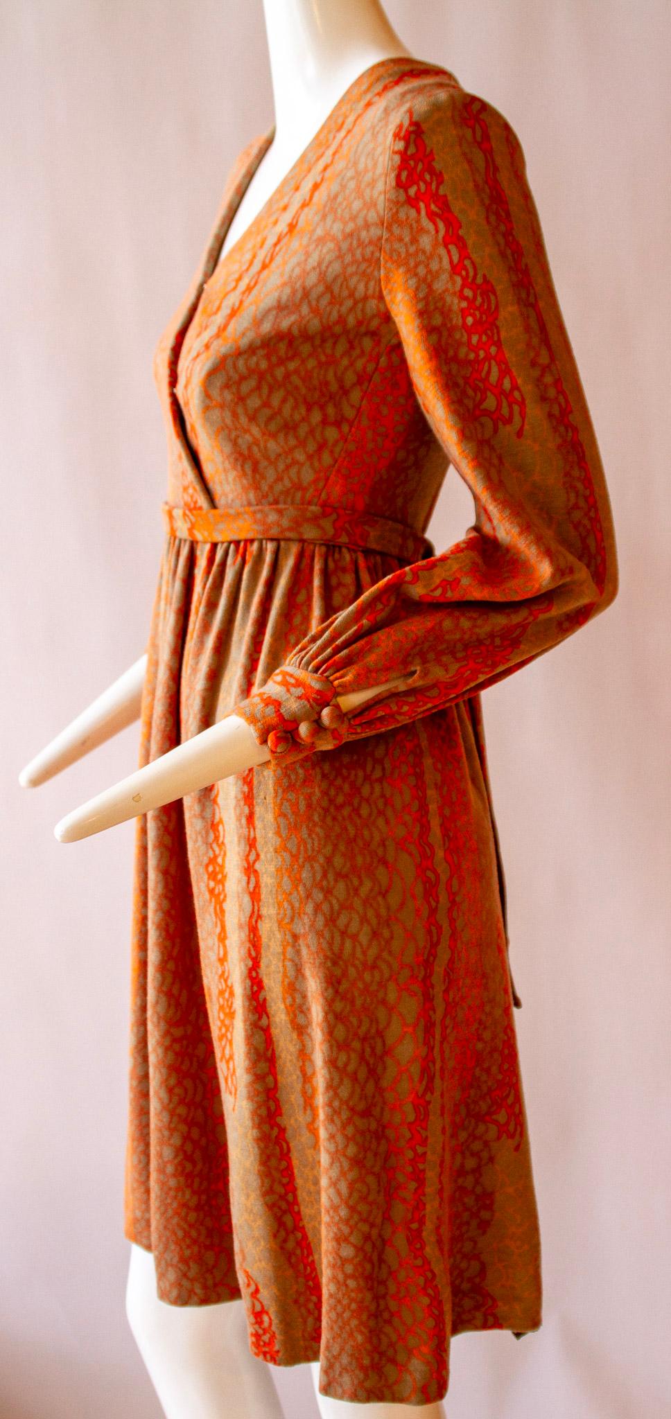 Brown BOB MACKIE Bishop Sleeves Wrap Dress with Zipper Back, Creamsicle Orange, c.1970 For Sale