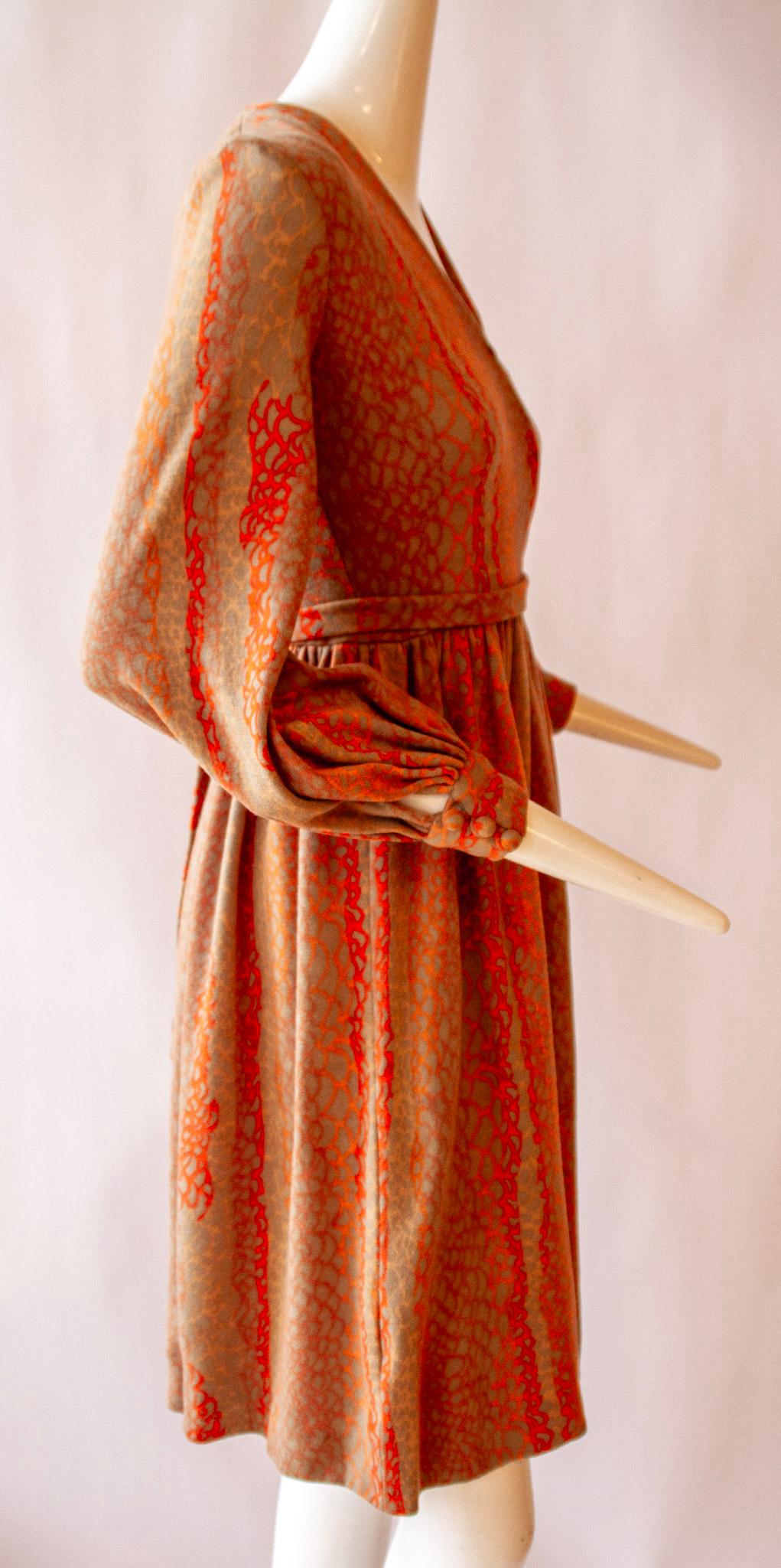 Women's BOB MACKIE Bishop Sleeves Wrap Dress with Zipper Back, Creamsicle Orange, c.1970 For Sale