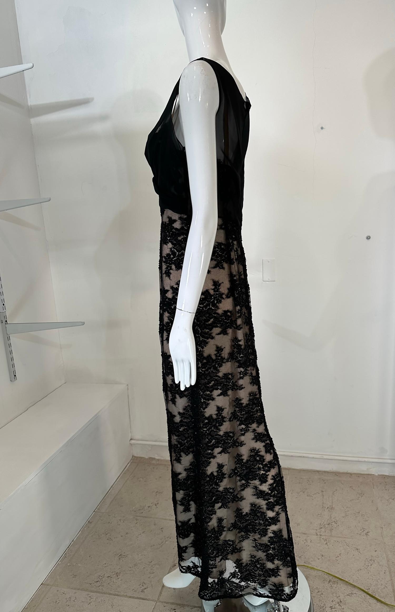 Women's Bob Mackie Black Chiffon & Beaded Black Lace Evening Gown 10