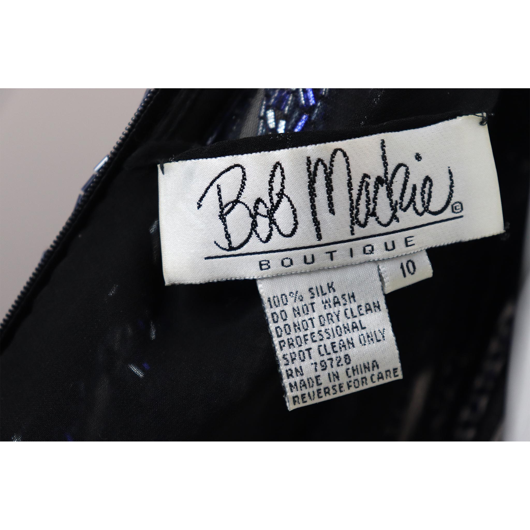 Bob Mackie Black Mesh w/ Blue Beading Long Sleeve High Neck Gown Circa 1990s For Sale 4