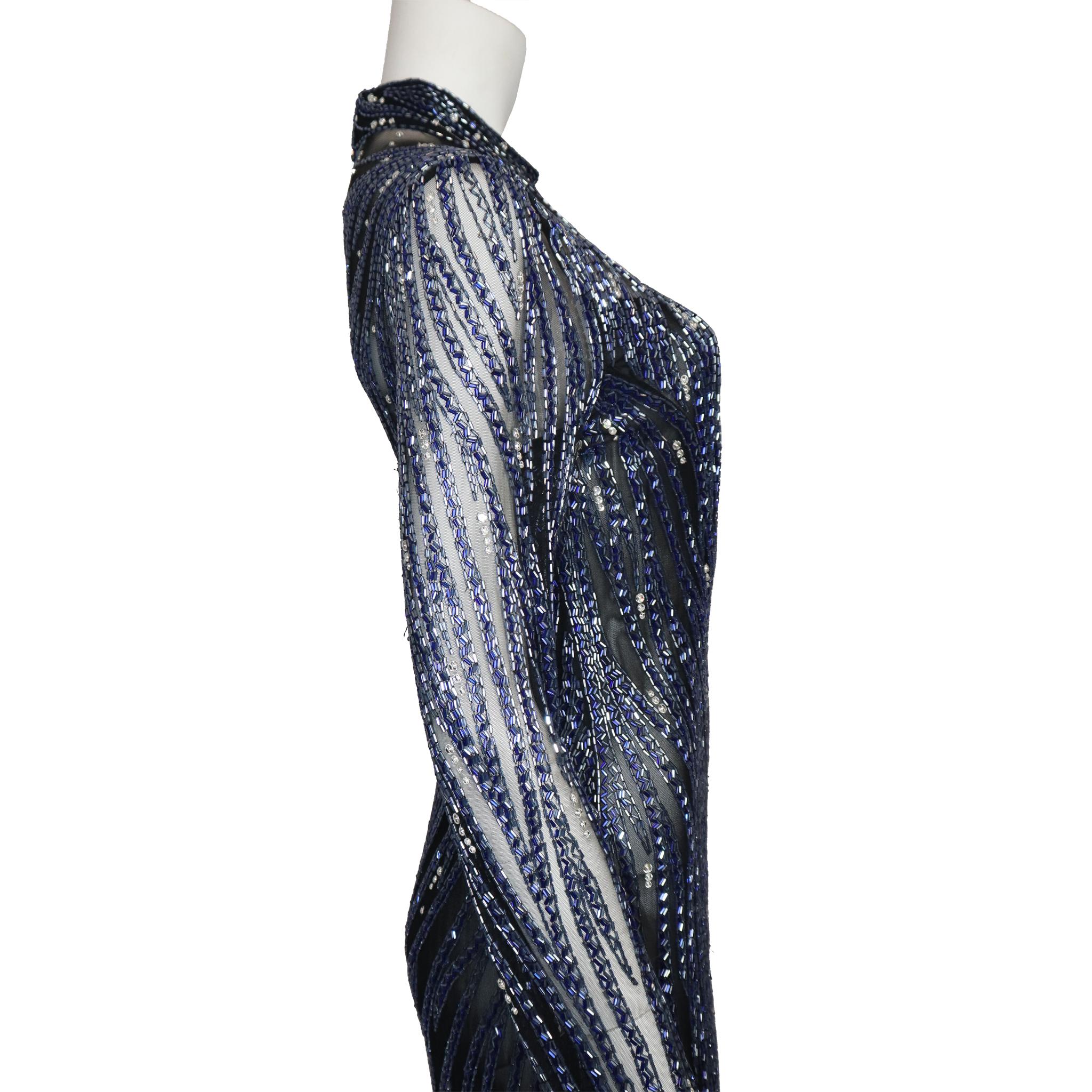 Women's Bob Mackie Black Mesh w/ Blue Beading Long Sleeve High Neck Gown Circa 1990s For Sale