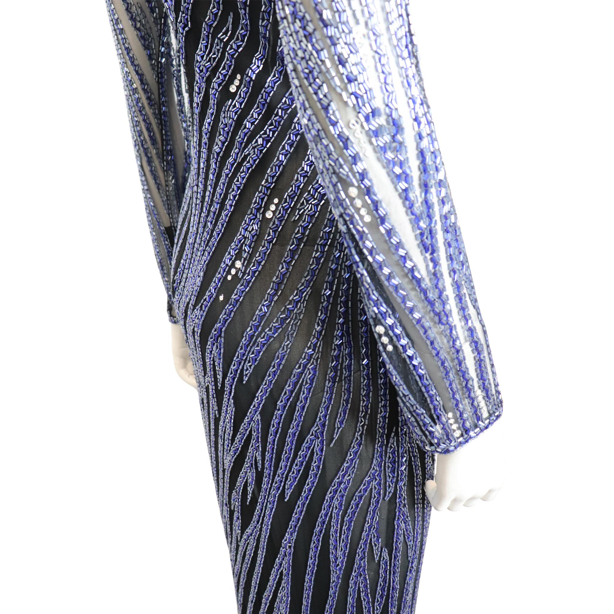 Bob Mackie Black Mesh w/ Blue Beading Long Sleeve High Neck Gown Circa 1990s For Sale 1