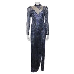 Vintage Bob Mackie Black Mesh w/ Blue Beading Long Sleeve High Neck Gown Circa 1990s