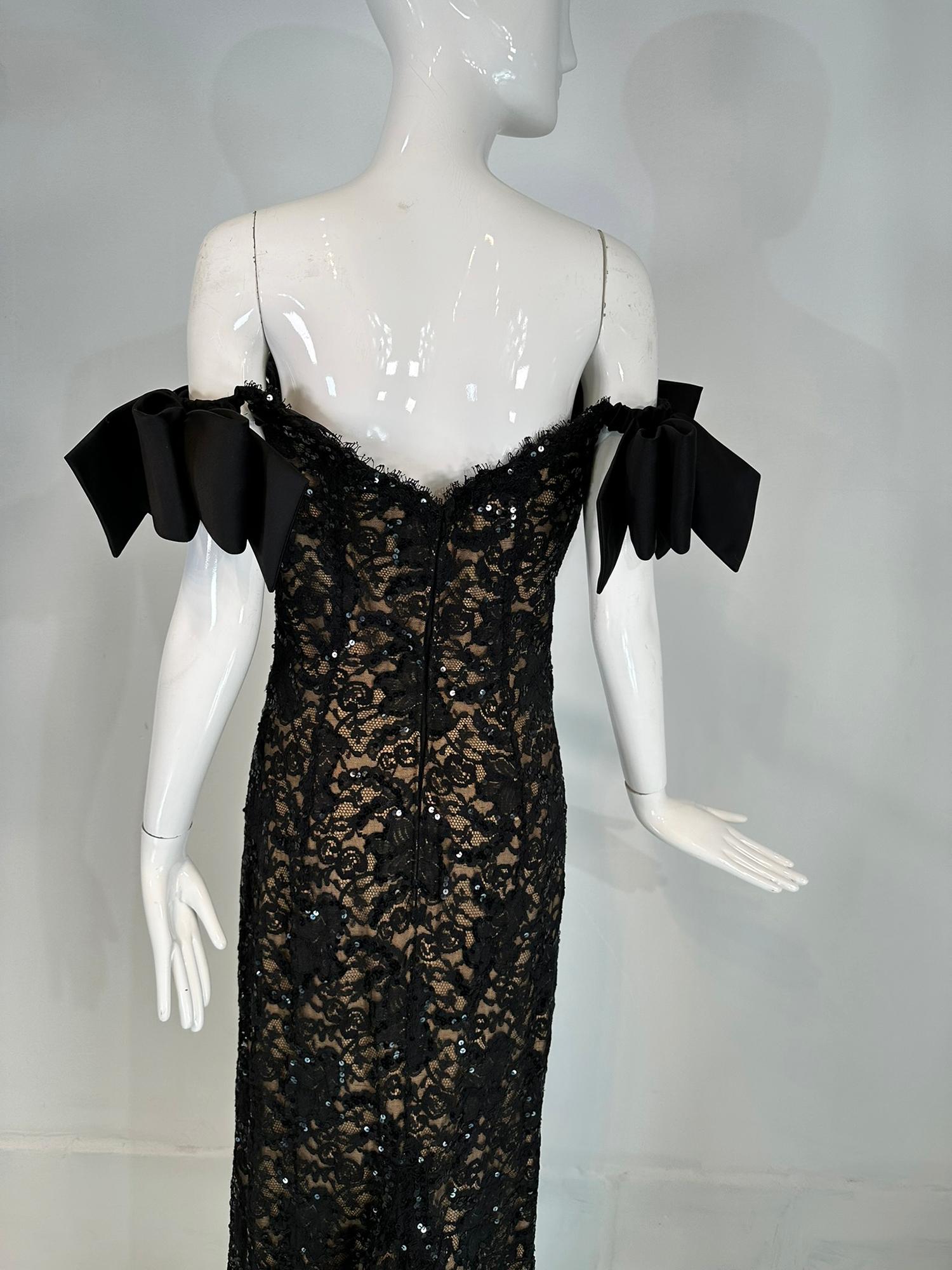 Bob Mackie Black Sequin Embroidered Lace Bow Shoulder Nude Lined Evening dress For Sale 9