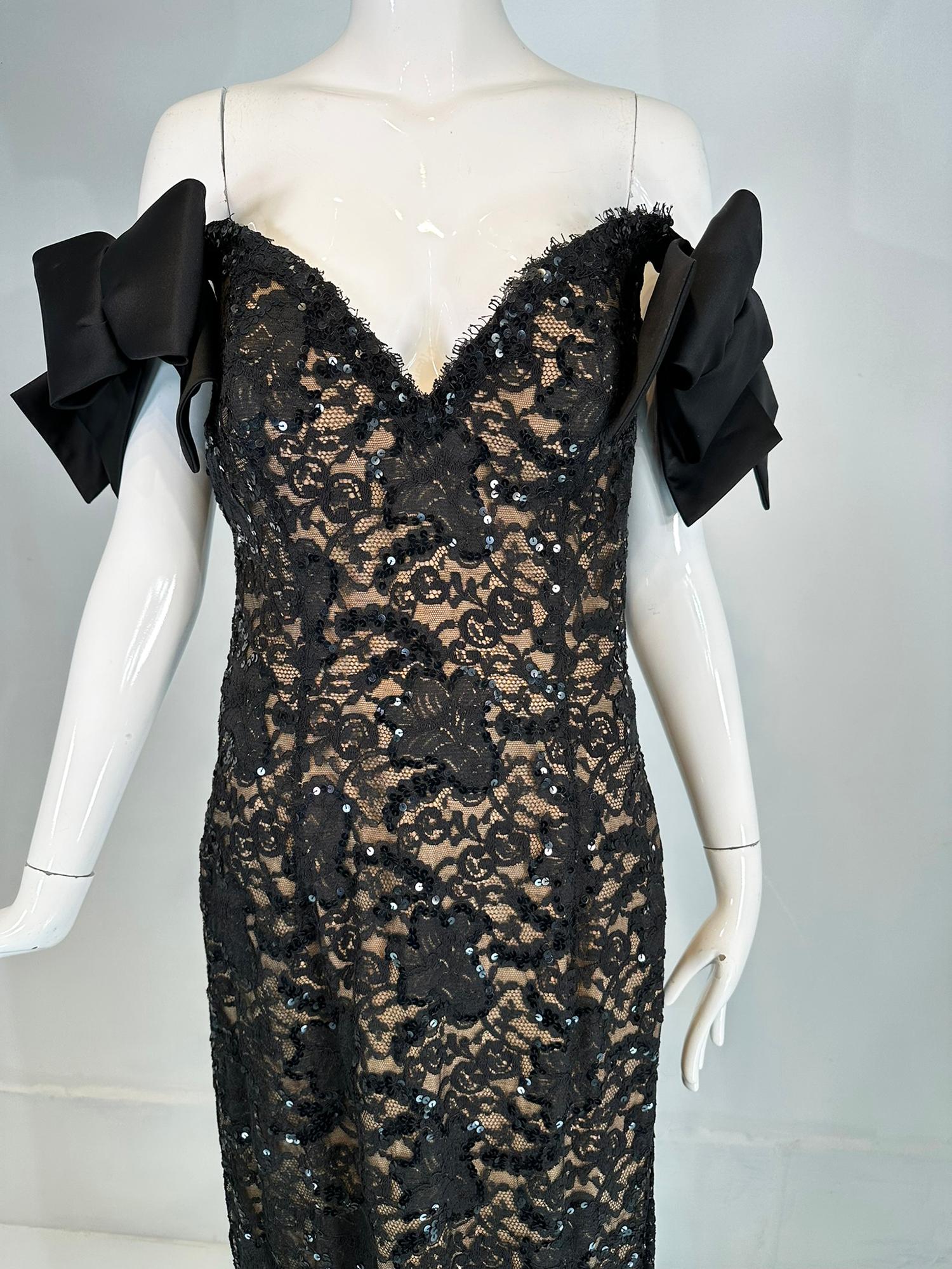 Bob Mackie Black Sequin Embroidered Lace Bow Shoulder Nude Lined Evening dress For Sale 11