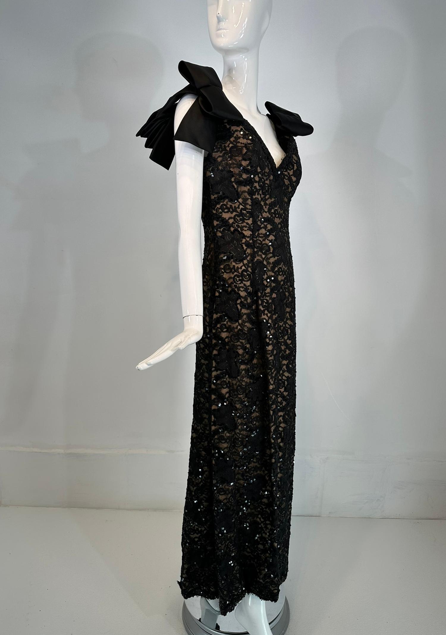 Bob Mackie Black Sequin Embroidered Lace Bow Shoulder Nude Lined Evening dress In Good Condition For Sale In West Palm Beach, FL