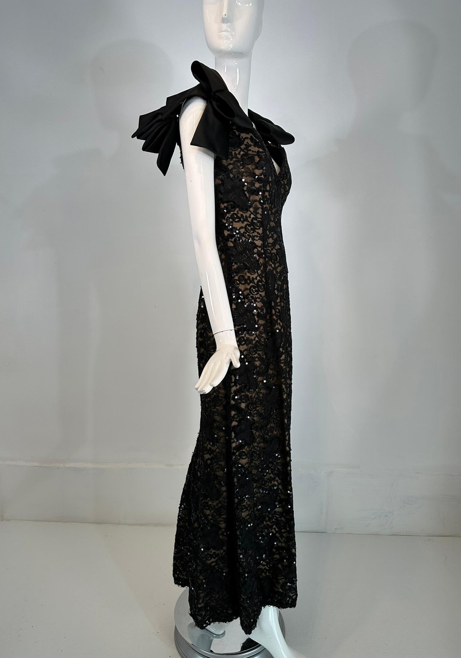 Women's or Men's Bob Mackie Black Sequin Embroidered Lace Bow Shoulder Nude Lined Evening dress For Sale