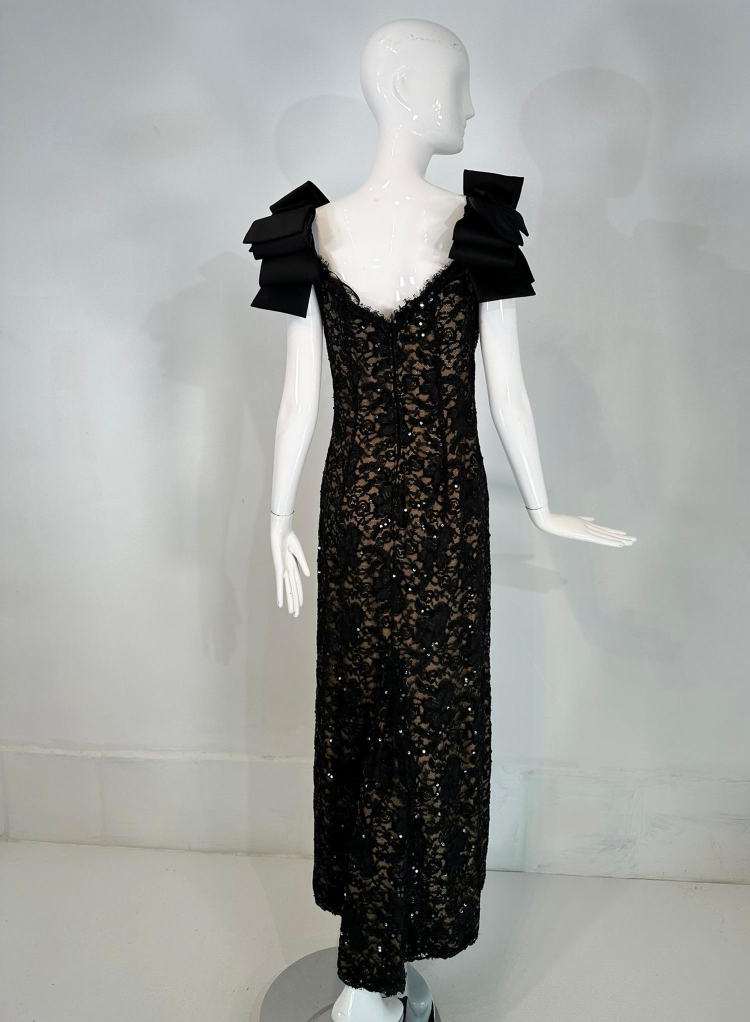 Bob Mackie Black Sequin Embroidered Lace Bow Shoulder Nude Lined Evening dress For Sale 3