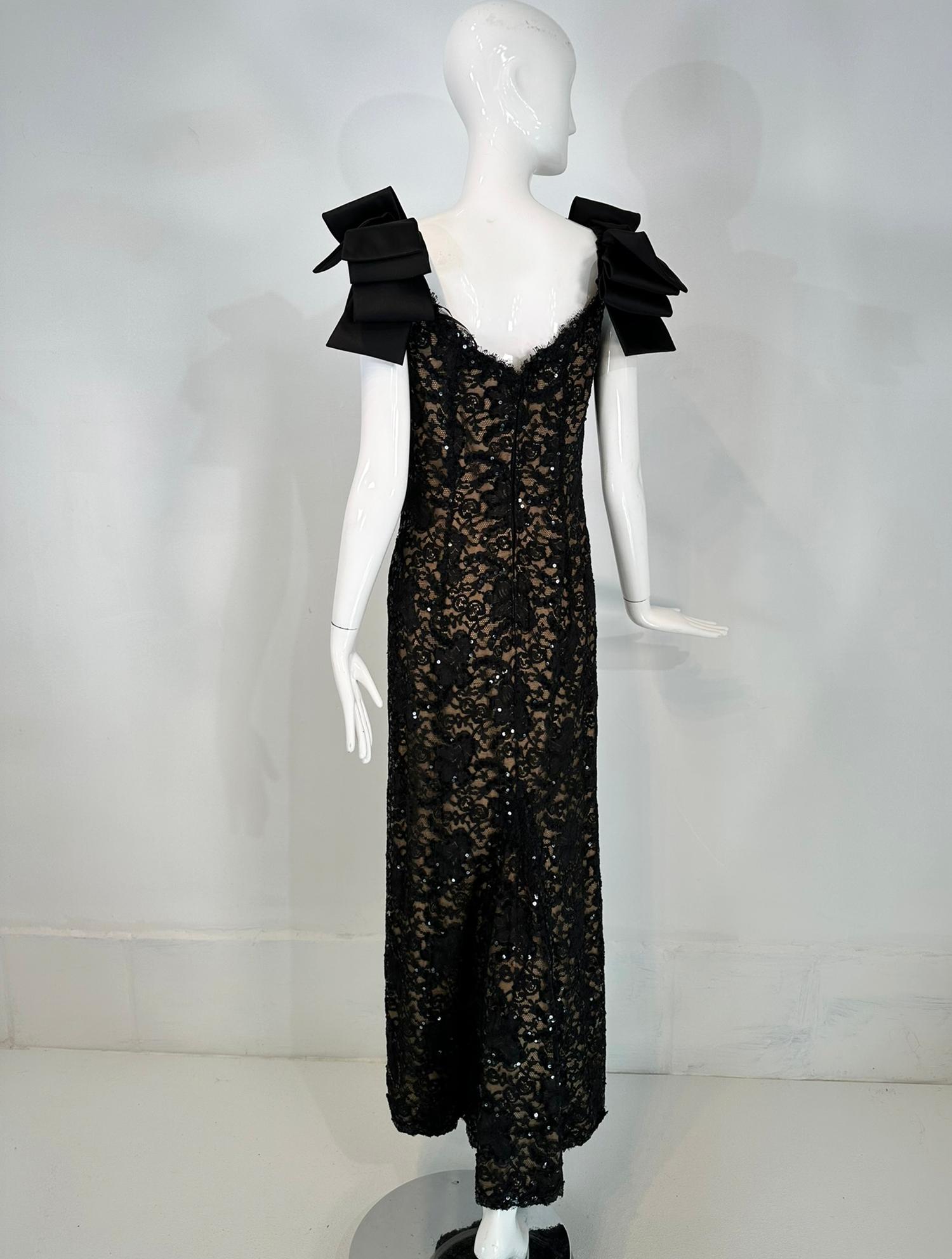 Bob Mackie Black Sequin Embroidered Lace Bow Shoulder Nude Lined Evening dress For Sale 4