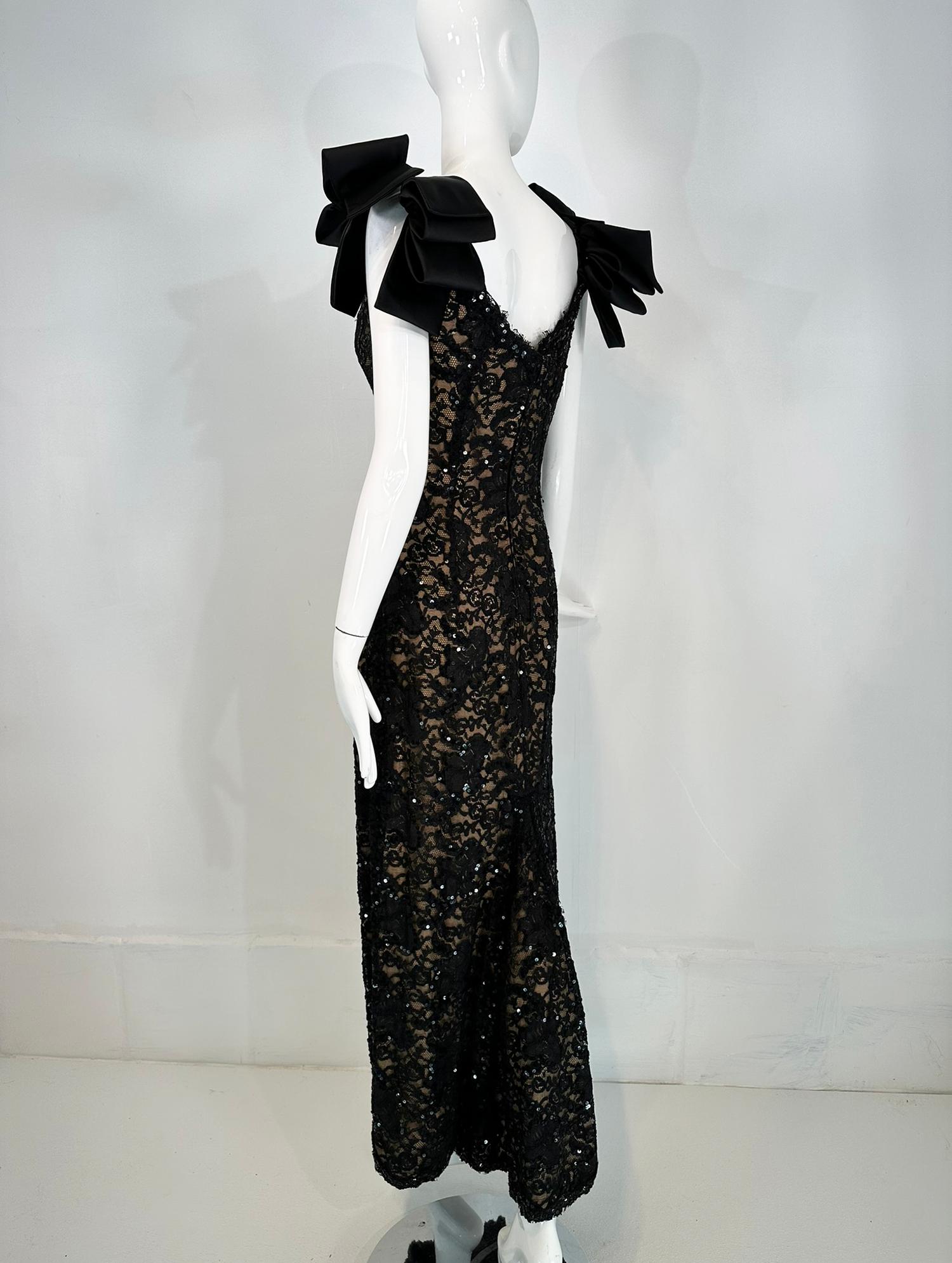 Bob Mackie Black Sequin Embroidered Lace Bow Shoulder Nude Lined Evening dress For Sale 5