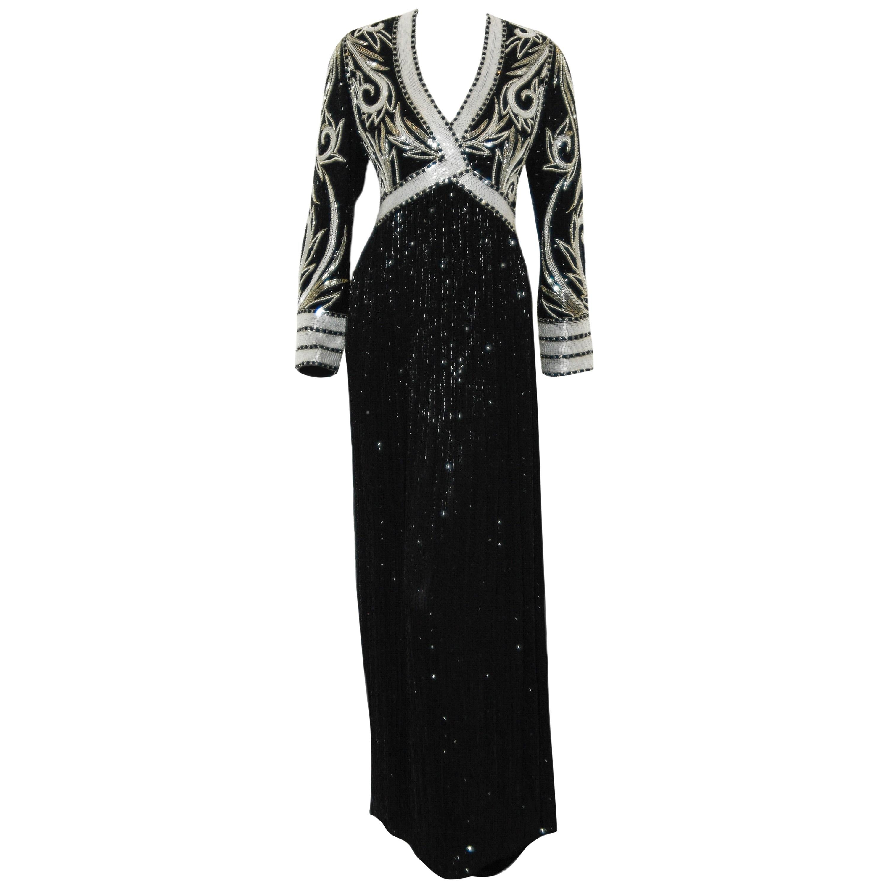 Bob Mackie Black & White Fully Beaded Gown For Sale