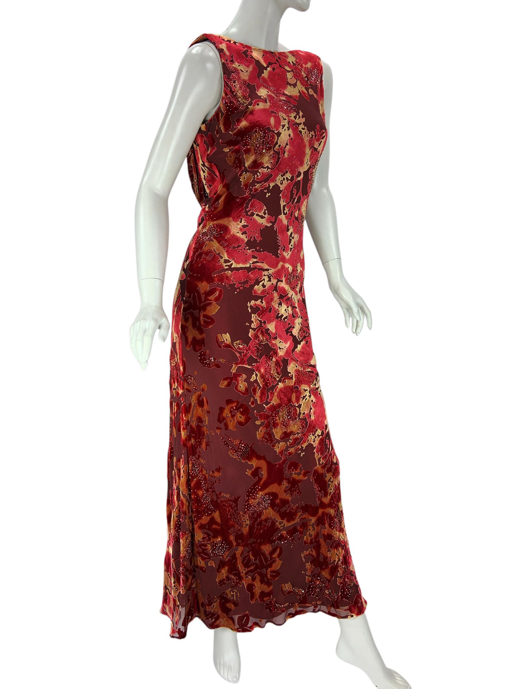 Bob Mackie Boutique Long Beaded Dress
US size - 6
Devore Semi-Sheer Velvet, Floral Print, Embellished with Beads and Sequins, 
Bias Cut, Slip-On, Open Cowl-Style Back., Fully Lined.
Measurements approx: Length - 58 inches, Bust - 32