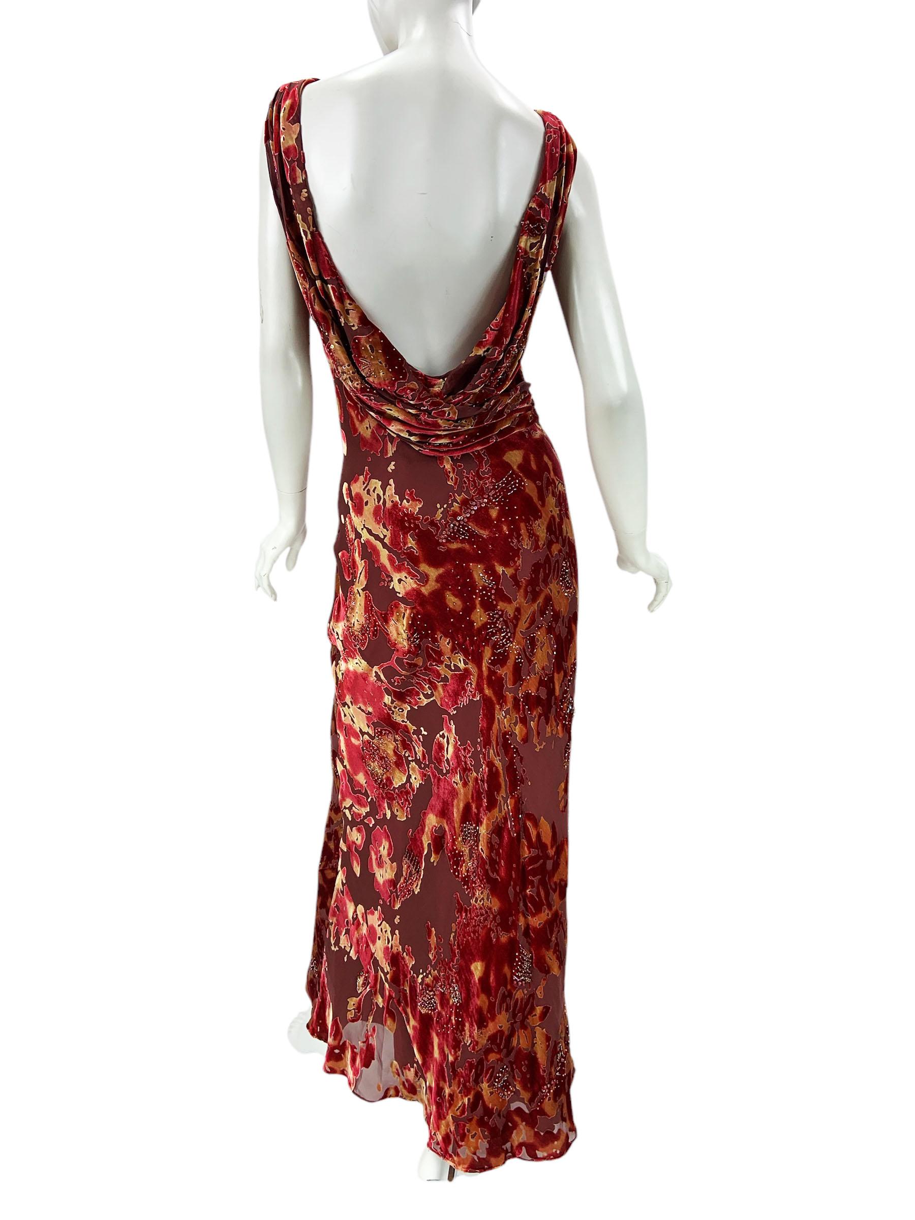 Bob Mackie Boutique Devore Semi-Sheer Velvet Floral Print Bias Cut Long Dress  6 In New Condition For Sale In Montgomery, TX
