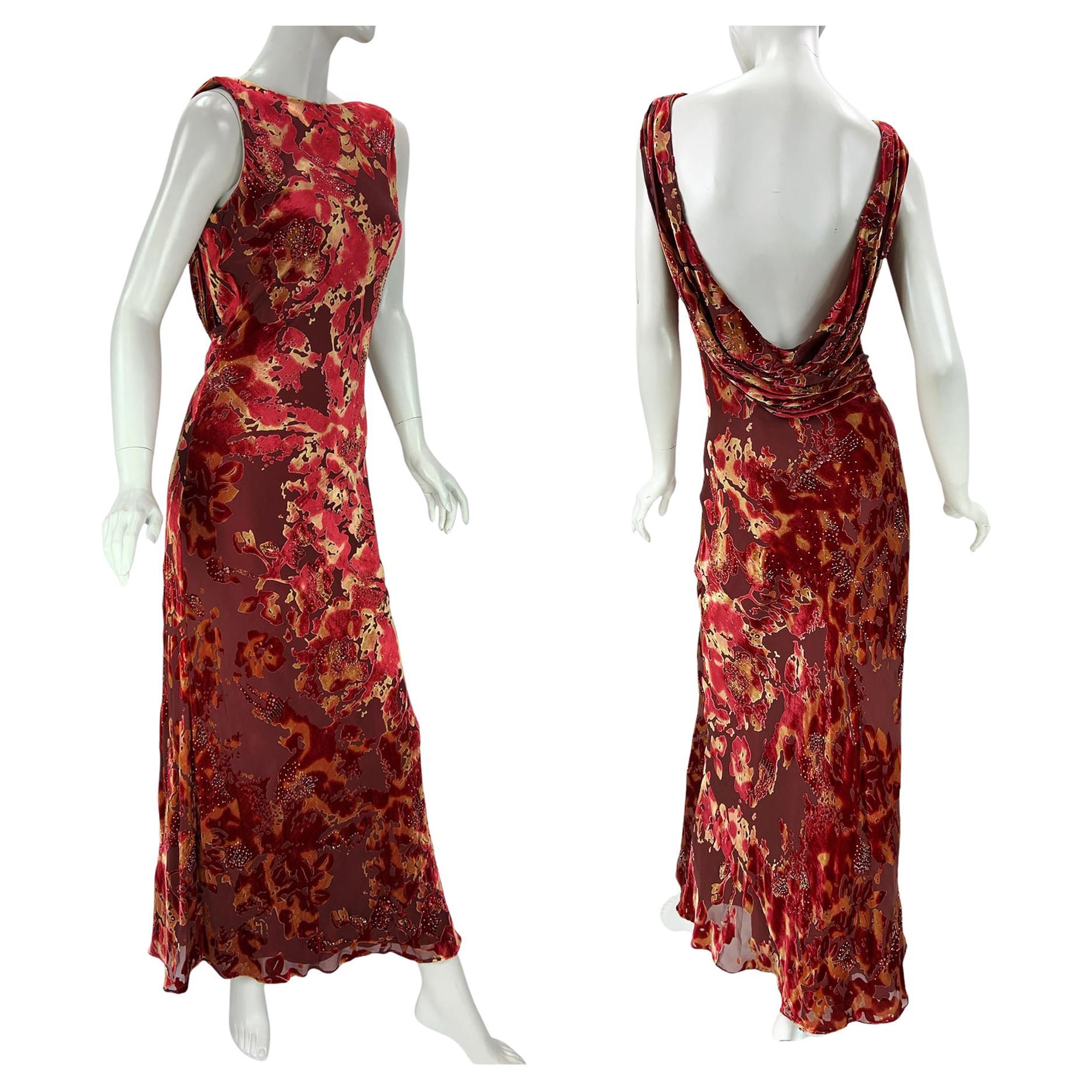 Bob Mackie Boutique Devore Semi-Sheer Velvet Floral Print Bias Cut Long Dress  6 For Sale