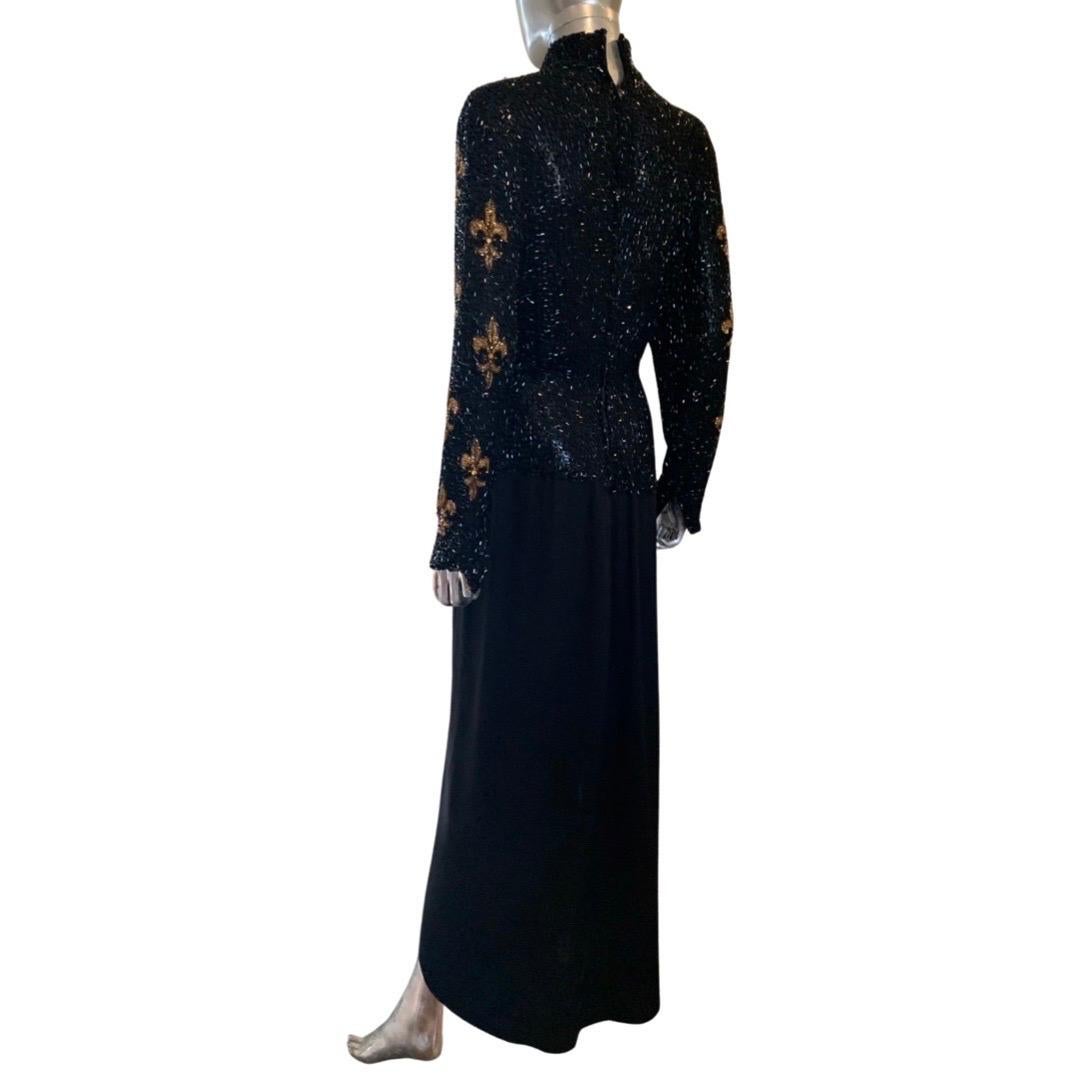 Bob Mackie Boutique Vintage Fleur de Lis Beaded black and Gold Dress Size 6/8 For Sale 5