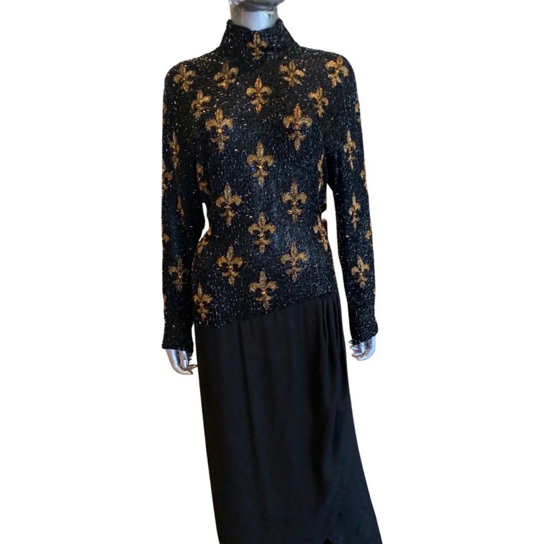 Bob Mackie Boutique Vintage Fleur de Lis Beaded black and Gold Dress Size 6/8 For Sale 6