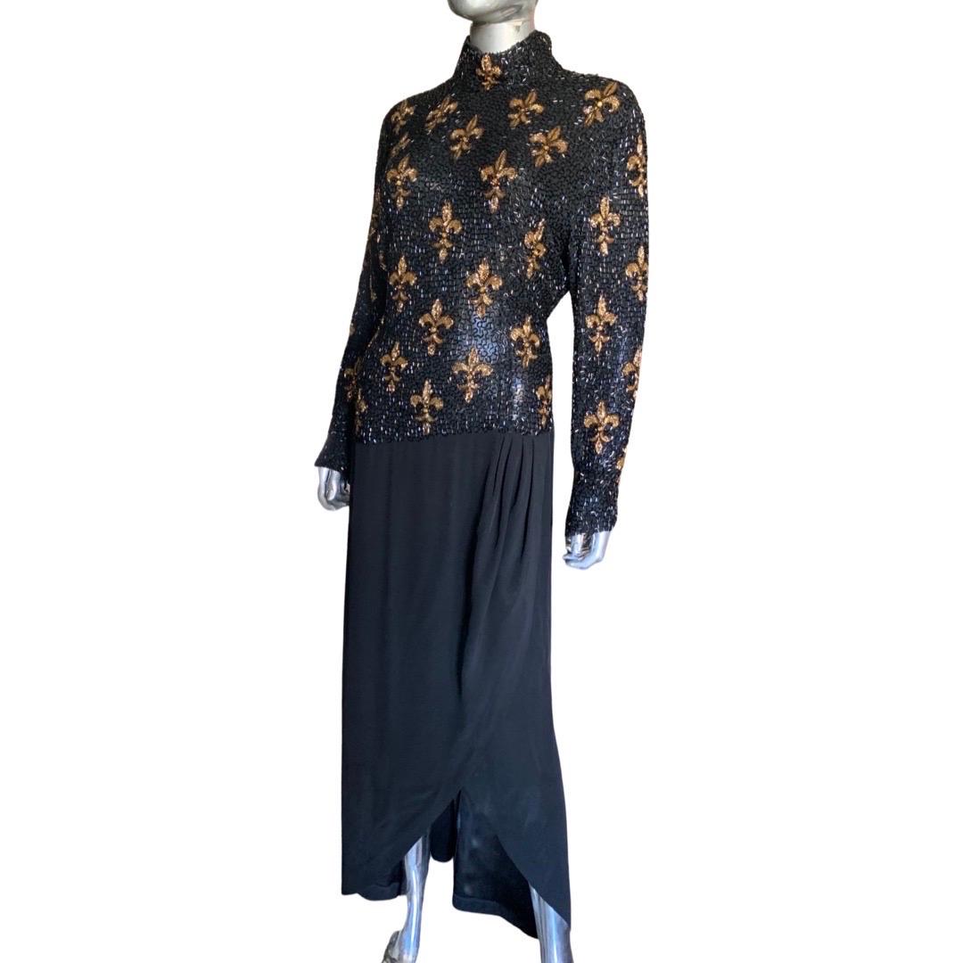 Bob Mackie Boutique Vintage Fleur de Lis Beaded black and Gold Dress Size 6/8 For Sale 7