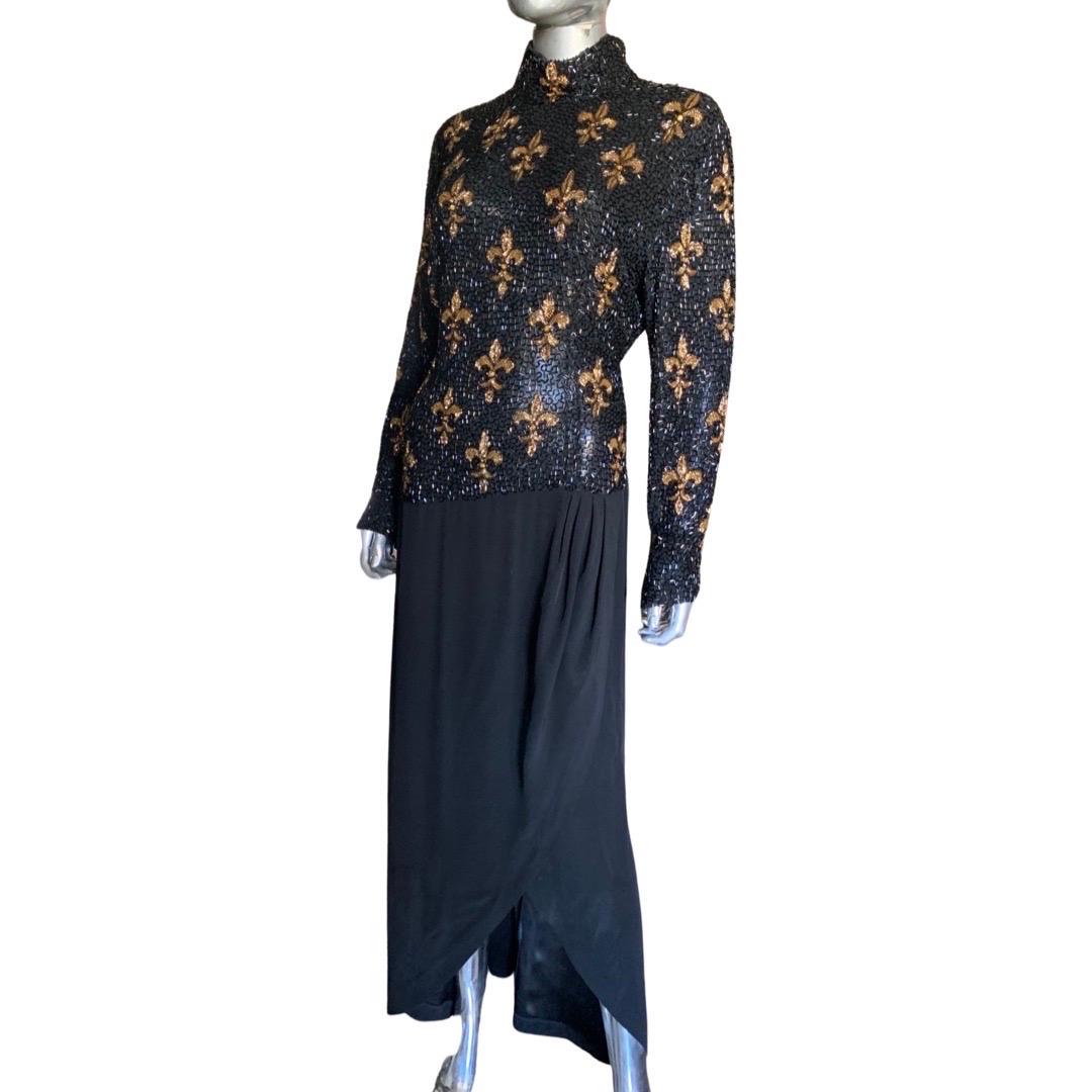 Bob Mackie Boutique Fleur de Lis Robe vintage perlée noire et dorée taille 6/8 en vente 8