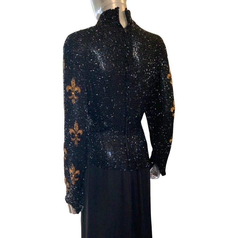 Bob Mackie Boutique Vintage Fleur de Lis Beaded Black and Gold Dress Size 6/8