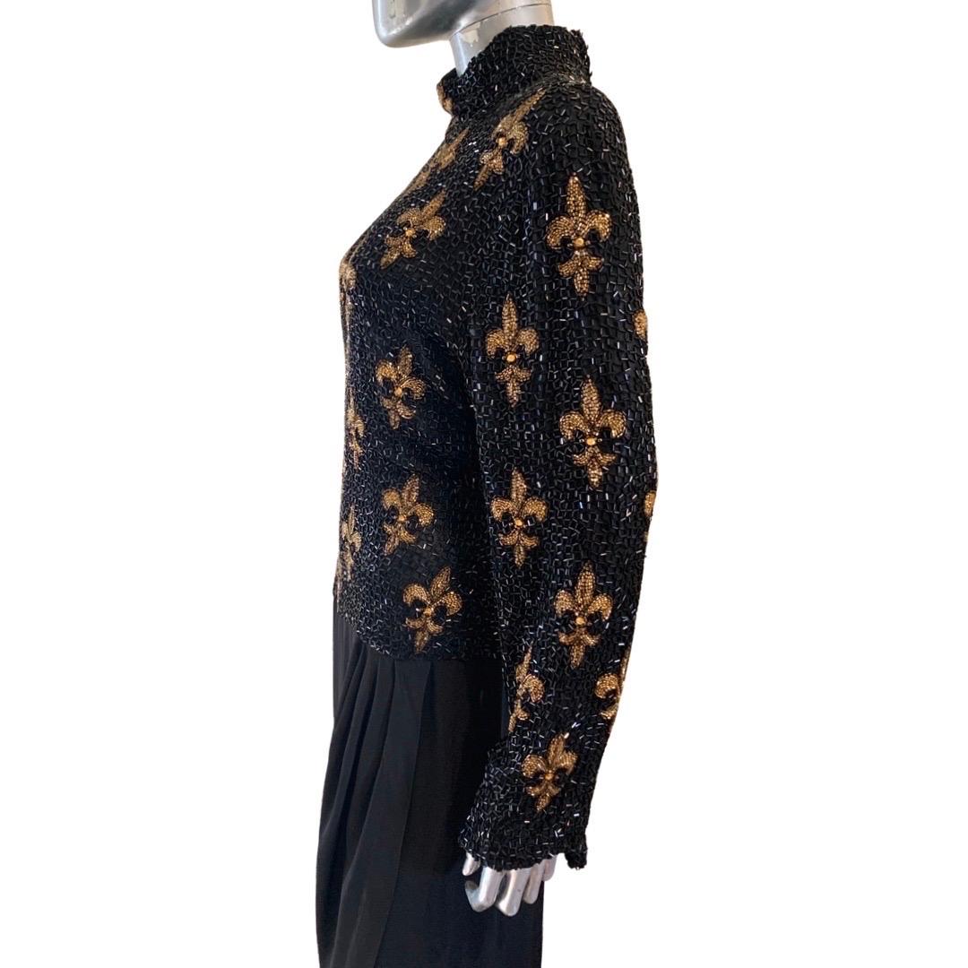 Bob Mackie Boutique Fleur de Lis Robe vintage perlée noire et dorée taille 6/8 en vente 11